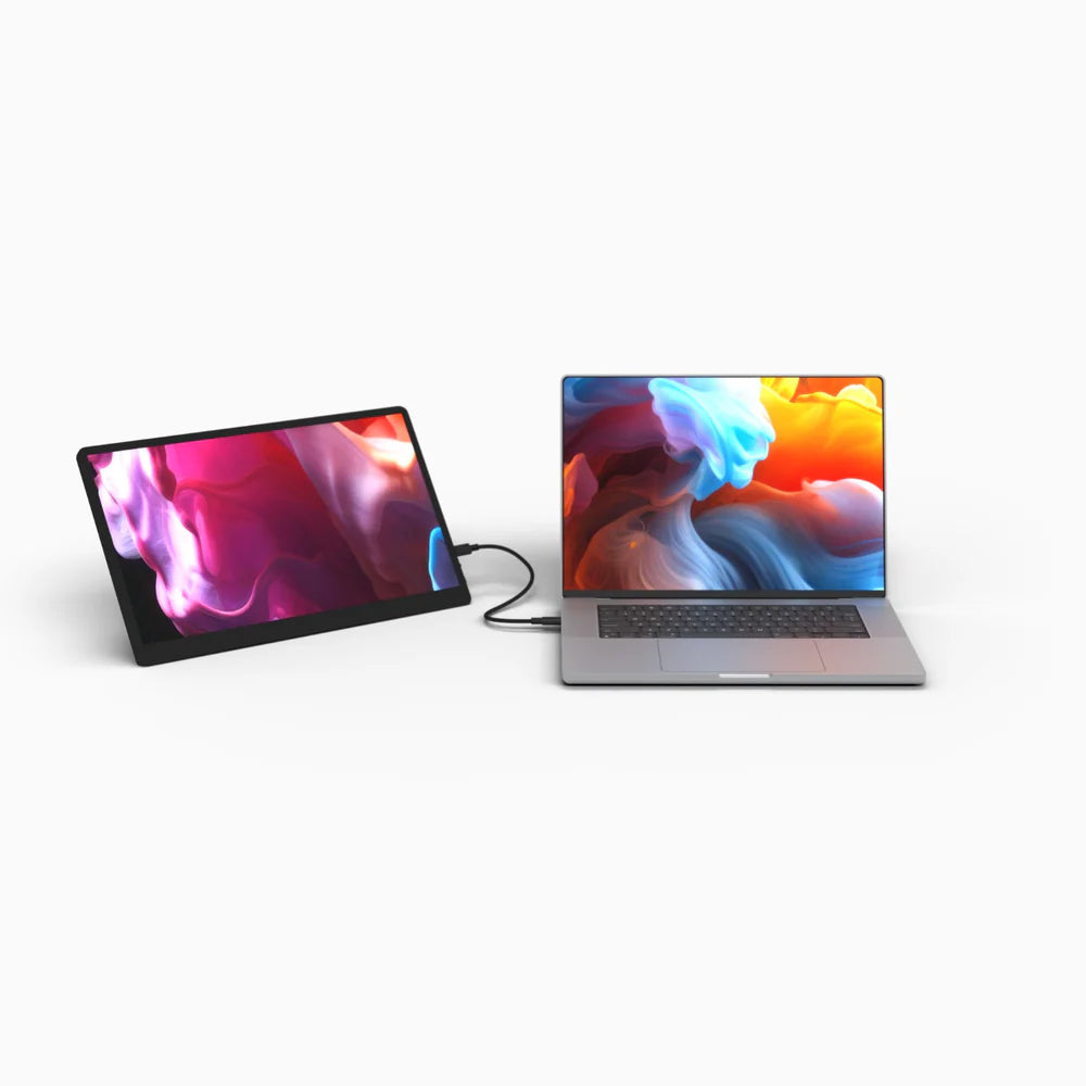 Mono slim portable display connected via USB-C to laptop – extended workspace with lightweight design