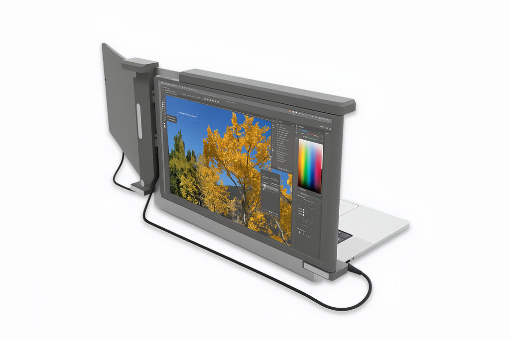 Falco 14 portable monitor back view connected to laptop with USB-C