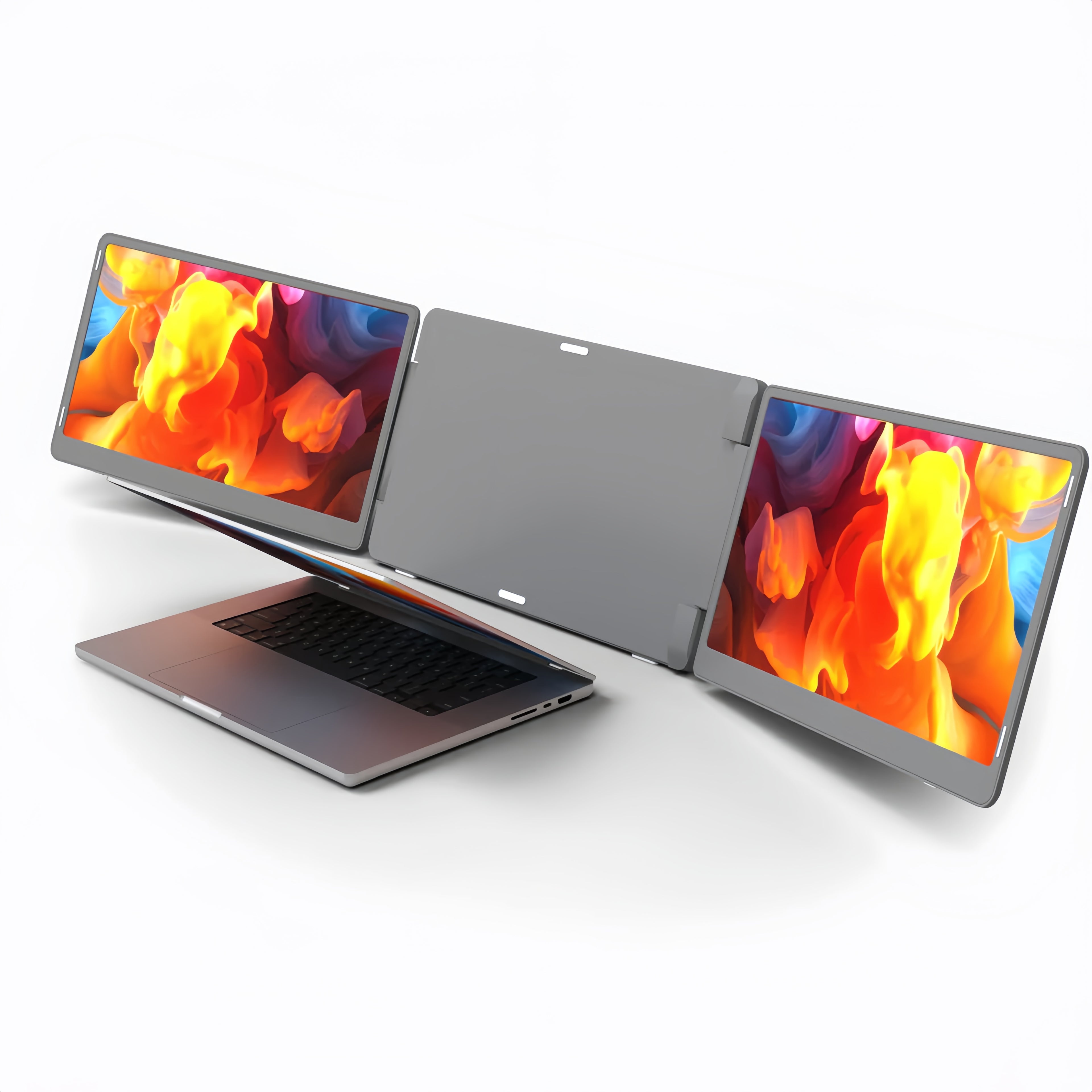 Falco 15.6 portable triple screens setup side angle view