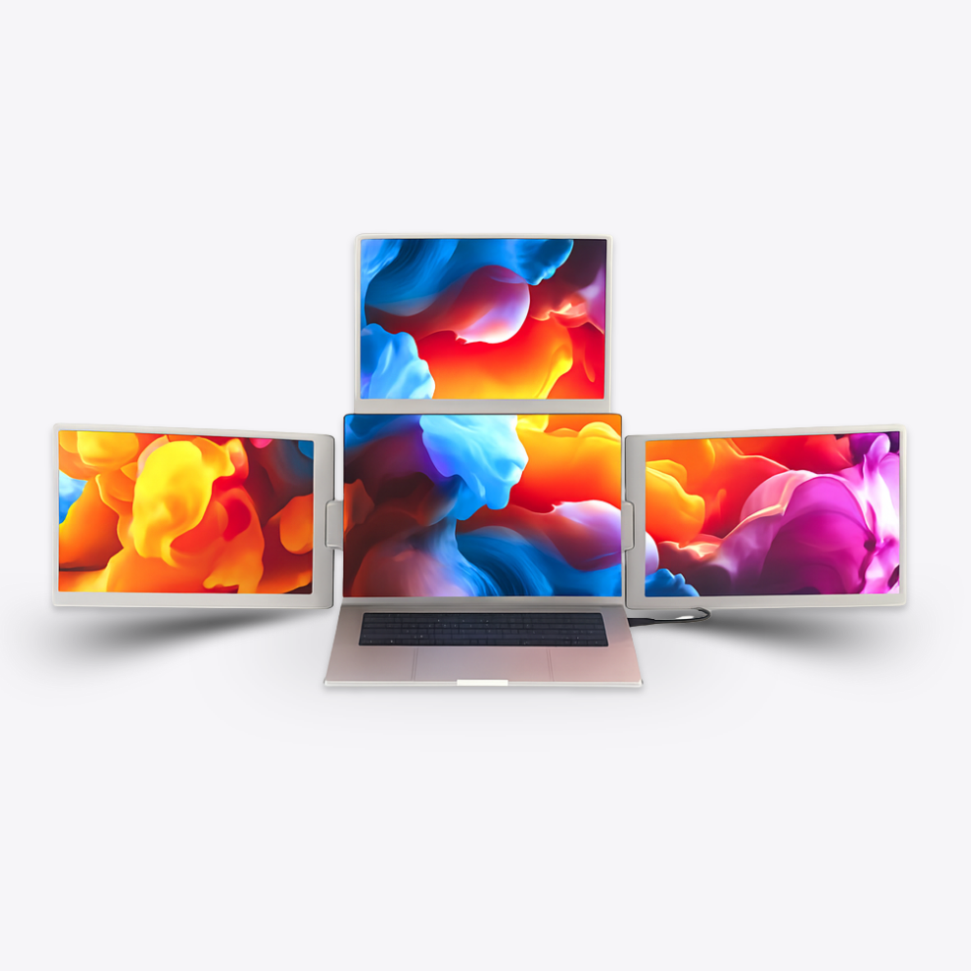 Falco Fly Ultra 16 premium triple monitor setup with laptop and extended displays