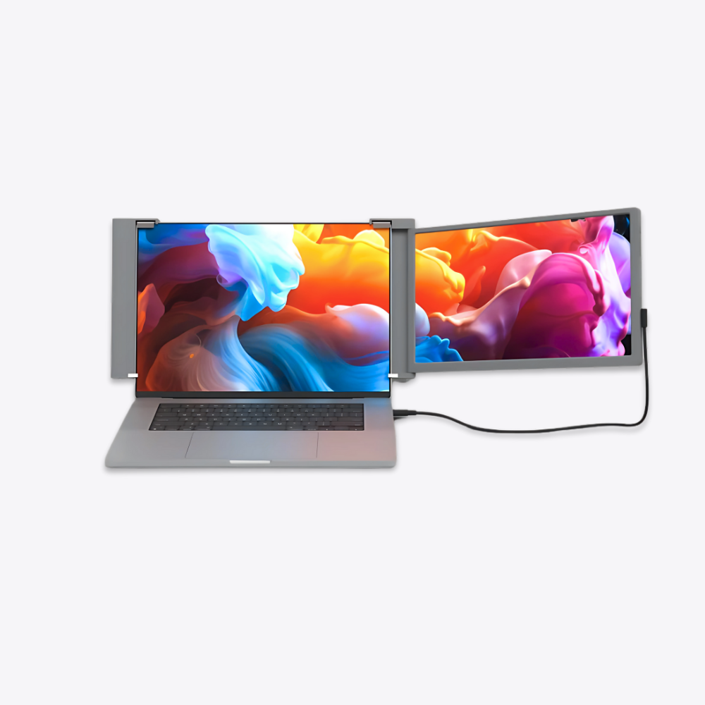 Falco Lite 14 dual-screen setup with laptop and one extended monitor