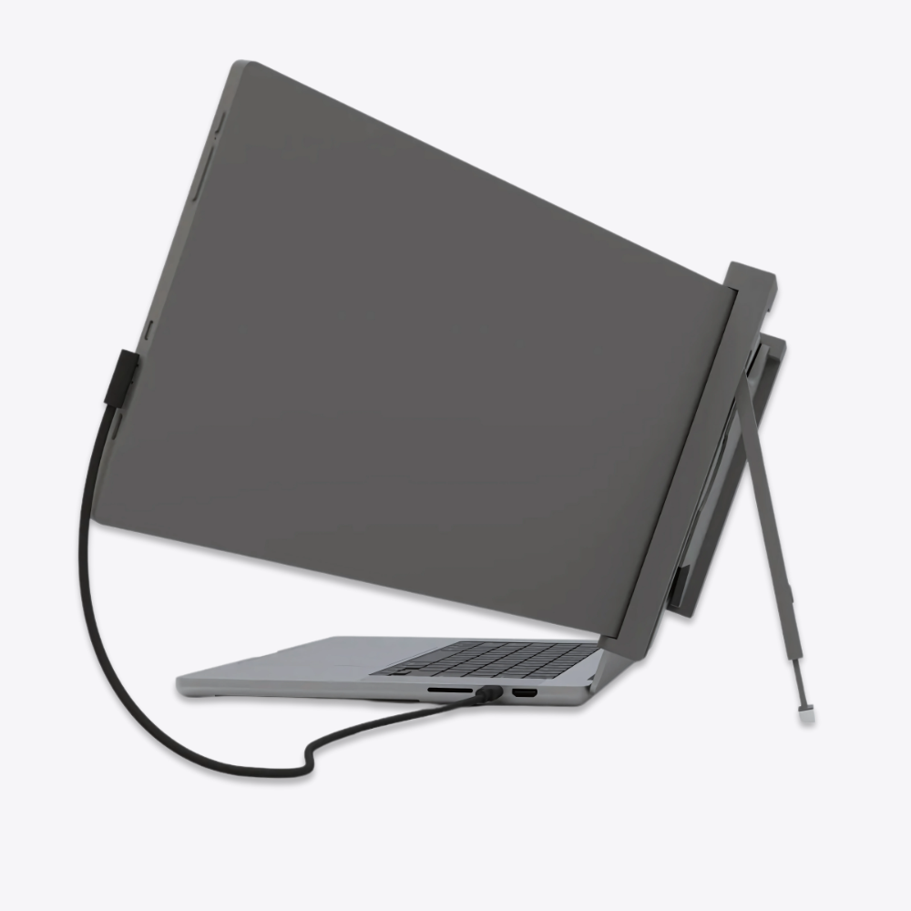 Side angle of Falco Lite 14 portable screen connected to laptop