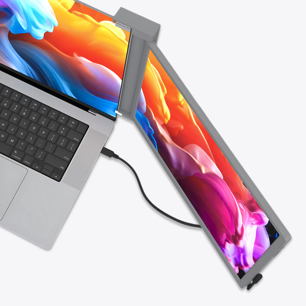 Top view of Falco Lite 14 portable screen attached to laptop