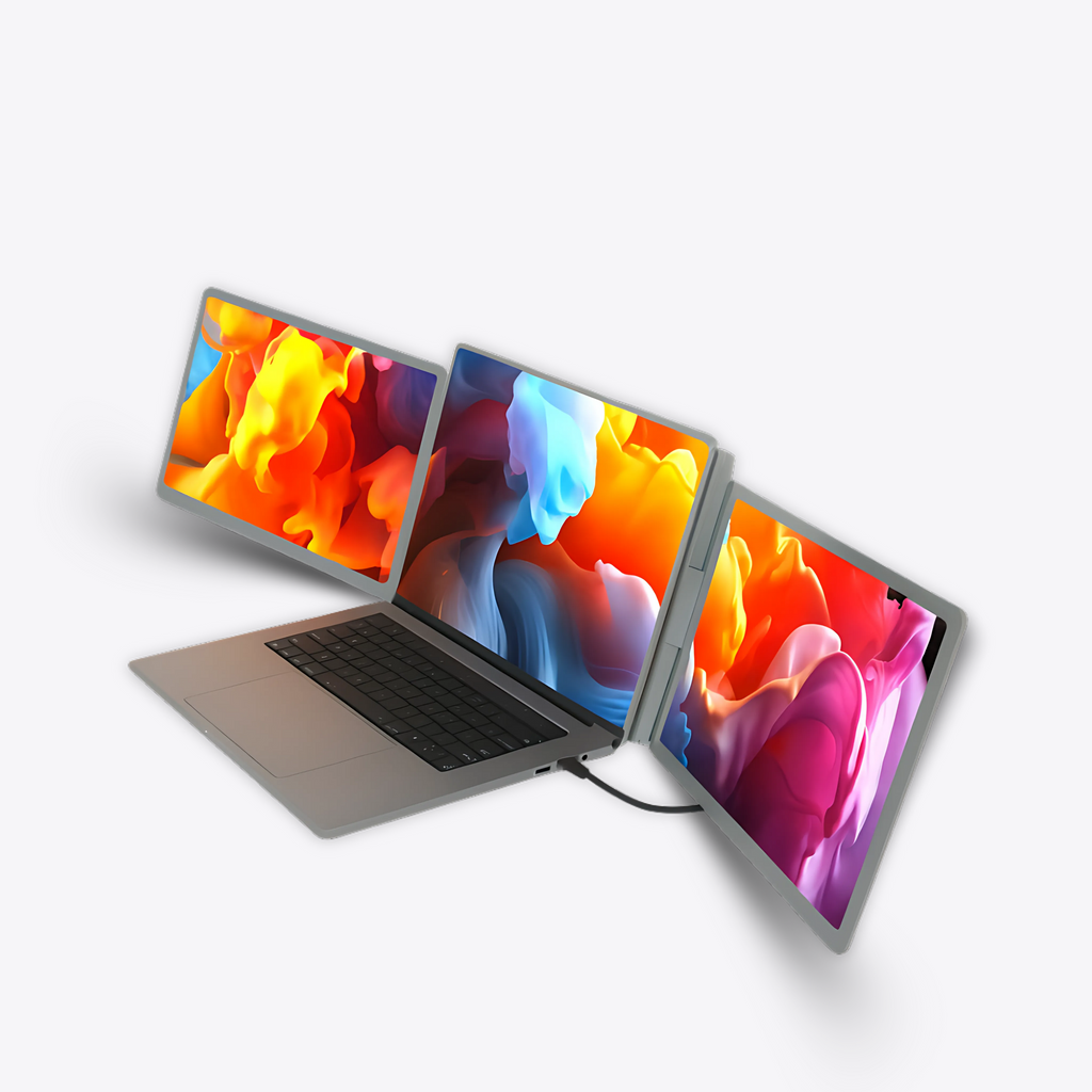 Angled view of Falco Pro 14 triple monitor portable extender slim aluminum design