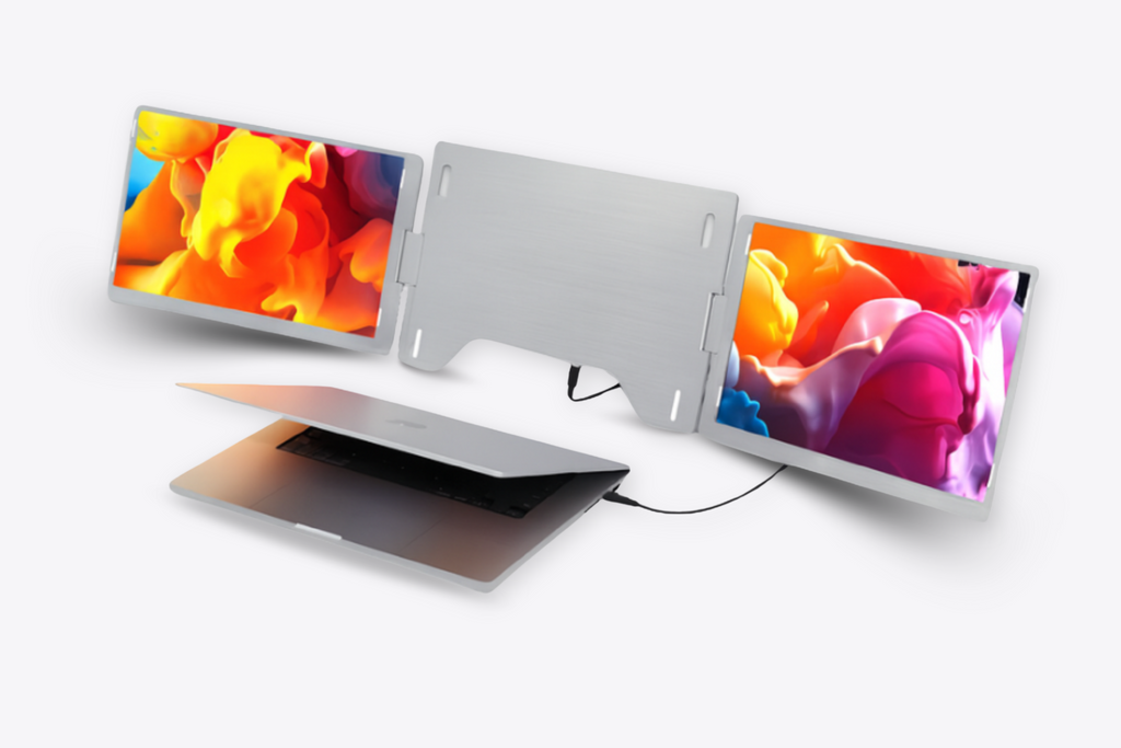 Top angle of Falco Pro 14 tri screen extender with premium silver aluminum body