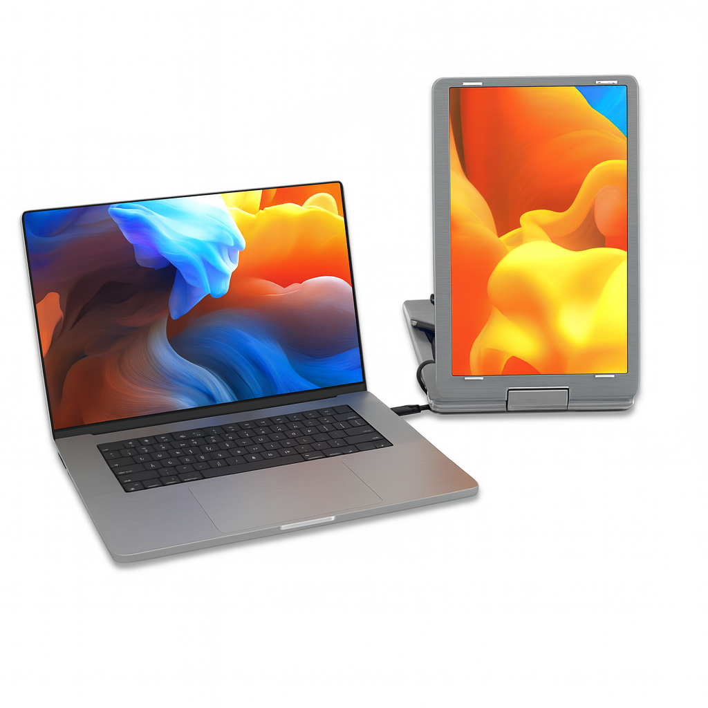 Falco Pro 15.6 portable monitor in vertical mode beside laptop, HDR IPS display